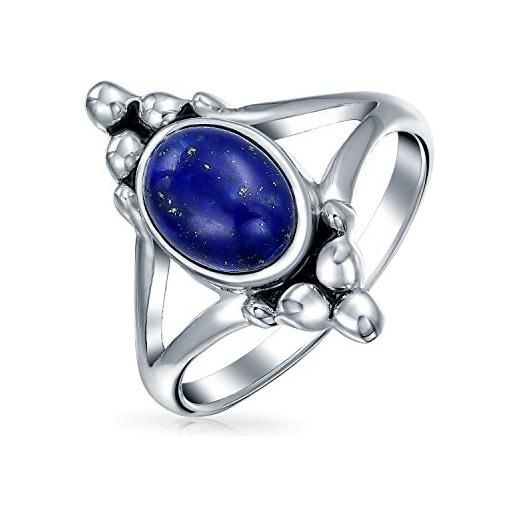 Bling Jewelry anello ovale di dichiarazione in stile boho bali con gemme di lapislazzuli blu per adolescenti con fascia a gambo diviso ossidato (argento 925)