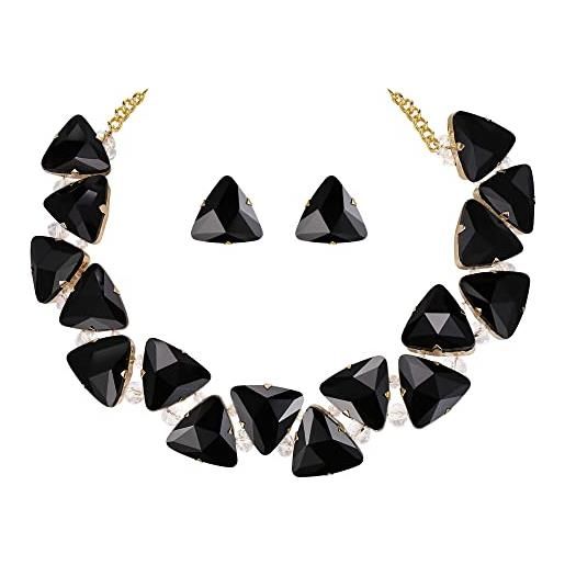 Clearine art deco statement collana orecchini set per donna brillante cristalli triangolo gioielli per prom party nero oro-fondo