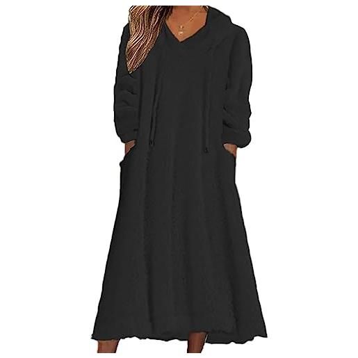 Tomwell abito casual da donna autunno/inverno loose peluche con cappuccio abito maniche lunghe colore solido abito lungo pigiama party a nero xxl