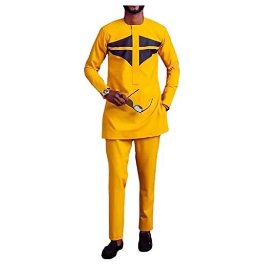 POCHY africano dashiki camicia abbigliamento top e pantaloni set 2 pezzi per uomo kaftano vestito abbigliamento a maniche lunghe con tasche abiti (color: yellow, size: 3xl)