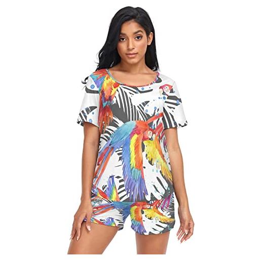 Anantty set pigiama da donna con pappagallo tropicale e uccellino, abbigliamento da notte estivo, maglietta e pantaloncini, set da salotto per donne e ragazze, multicolore, xl