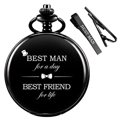 ManChDa orologio da tasca personalizzato con incisione groomsman al quarzo, orologio da tasca con incisione best man regalo di nozze+confezione regalo, 3. Best uomo+clip