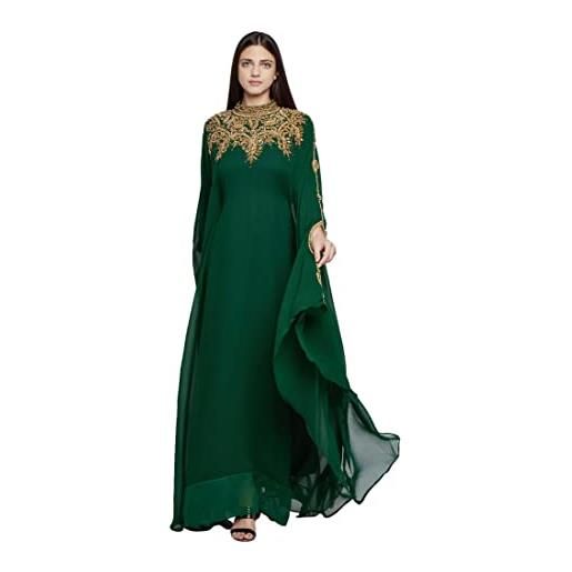 ANIIQ abito lungo da donna kaftan farasha a maniche lunghe, etnico, da sposa, da sera, da festa, con sciarpa gratuita, verde bottiglia. , s