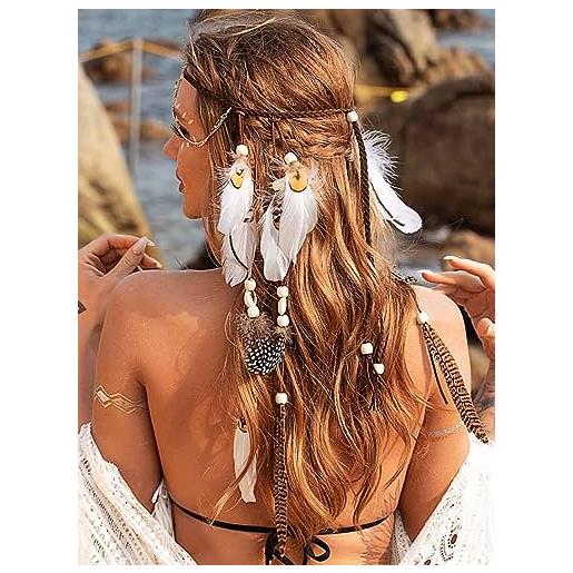Fashband fascia per capelli indiana con piume, stile bohémien, con nappe, hippie, tribale, con perline, accessorio per capelli per donne e ragazze