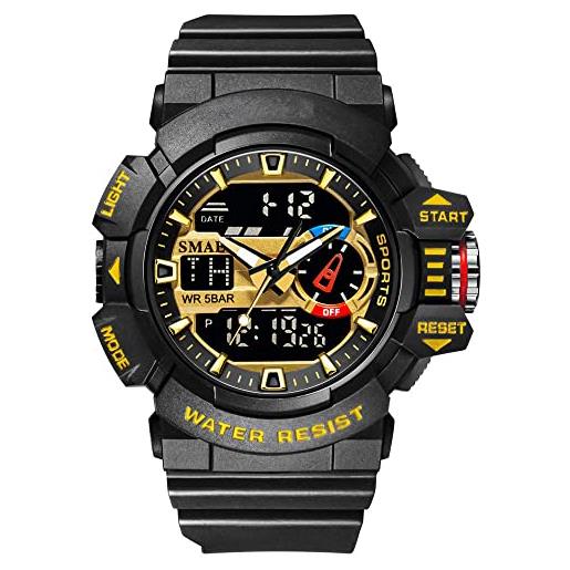 Forrader orologio sportivo digitale da uomo, impermeabile, con cronometro, sveglia, conto alla rovescia, doppio display, multifunzione, orologio militare, nero/oro, bracciale
