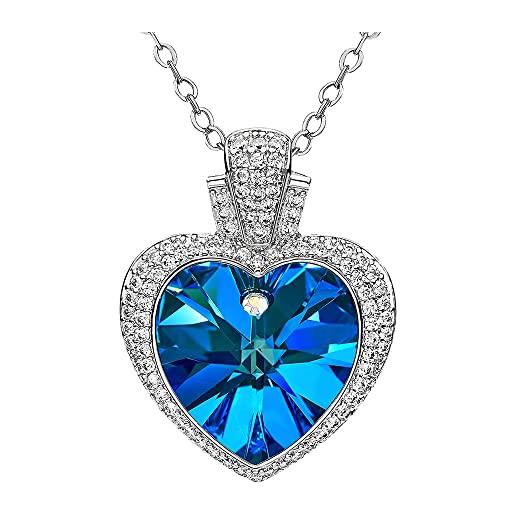 DYD cuore collana donna argento 925 con pendente di cristallo, gioielli donna, regalo san valentin, festa della mamma, compleanno, anniversario (blue)