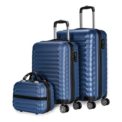NUMADA - set di valigie 3pzs (53/63cm) e borsa da toilette blu navy, abs resistente, leggero con 4 ruote doppie e lucchetto combinazione laterale