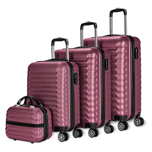 NUMADA - set di valigie 4pzs (53/63/75cm) e borsa da toilette bordeaux, abs resistente, leggero con 4 ruote doppie e lucchetto combinazione laterale