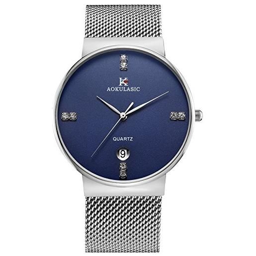 AOKULASIC orologio da polso analogico al quarzo impermeabile con cinturino sottile in maglia di acciaio inossidabile, argento blu, bracciale
