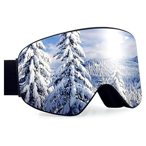 Dizokizo occhiali da sci con lenti cilindriche per sci, snowboard, anti-appannamento e protezione uv al 100% , tripla schiuma traspirante con cinturino in rilievo universale per donne e uomini