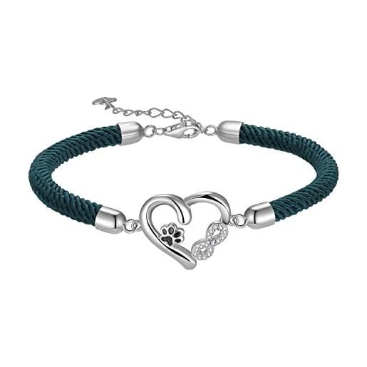 Bellrela bracciali da donna in argento 925 con stampa di zampe di cane, infinito cuore corda braccialetto per donne, 18 5 cm, argento sterling