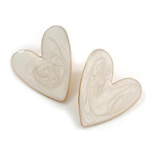 Avalaya orecchini a forma di cuore asimmetrico con smalto bianco latteo, 35 mm, colore oro, misura unica, metallo
