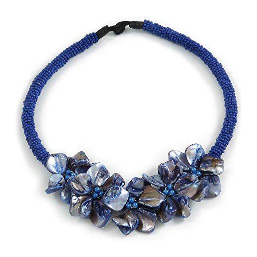 Avalaya collana con perle di vetro blu con motivo floreale a conchiglia, lunghezza 48 cm, vetro vetro conchiglia di mare