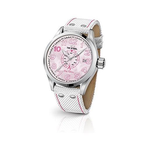 TW Steel volante womens 45mm quartz watch with pink dial white textile strap, and date calendar tw972