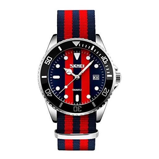 Skmei orologio da uomo casual quadrante trasparente comodo cinturino in nylon con datario classico multi colori, rosso, cinturino