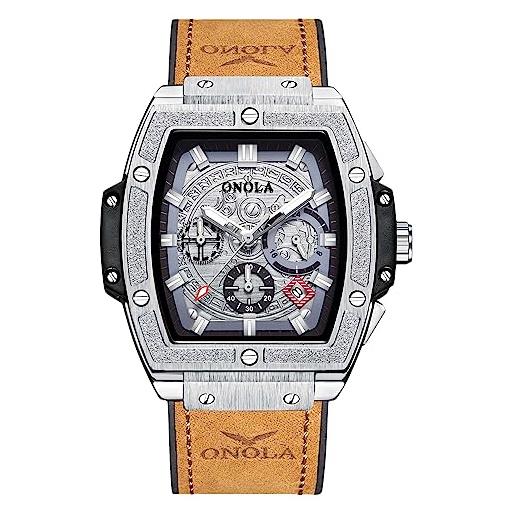 RORIOS quarzo orologio da uomo orologio da polso impermeabile retrò orologio casual multifunzionale orologio cronografo scheletrato cinturino in pelle marrone argento