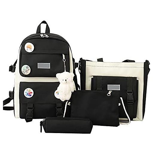 ISAKEN borsa da scuola set di quattro pezzi, zaino casual di grande capacità con ciondolo borsa da viaggio dayback borsa portamatite, nero