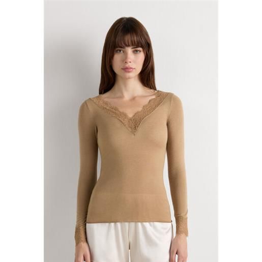 Intimissimi maglia scollo a v ultralight con cashmere e pizzo marrone