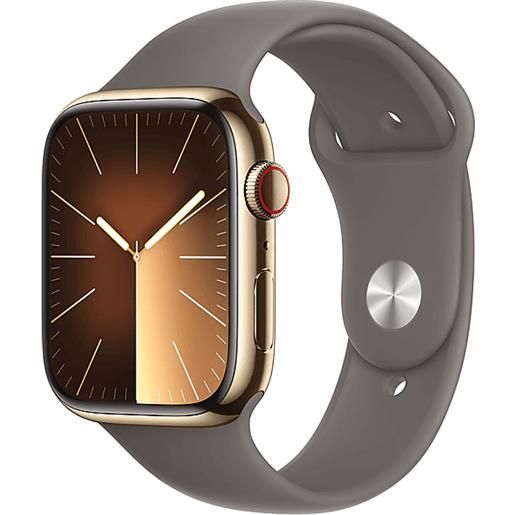 APPLE watch series 9 gps + cellular, cassa 45 mm in acciaio inossidabile color oro con cinturino sport grigio creta - s/m