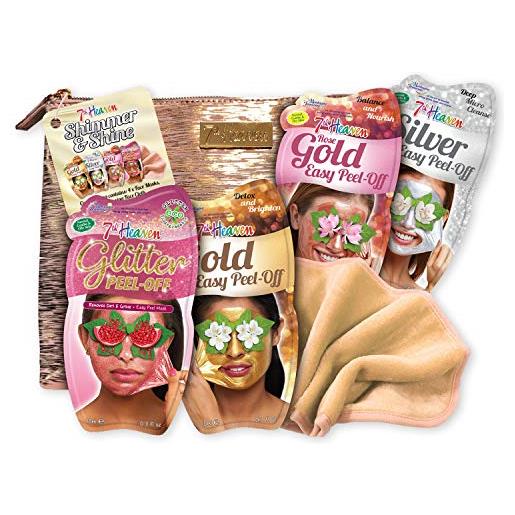 7th Heaven shimmer & shine - set regalo con 4 maschere staccabili, include una borsa per cosmetici metallizzata color oro rosa e un panno per la pulizia del viso