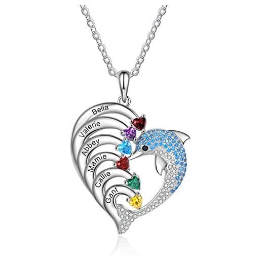 ALBERTBAND collana personalizzata delfino a forma di cuore con 2-8 nomi con ciondolo inciso birthstone per le donne collana con promessa di famiglia per gioielli di san valentino (6 nomi)