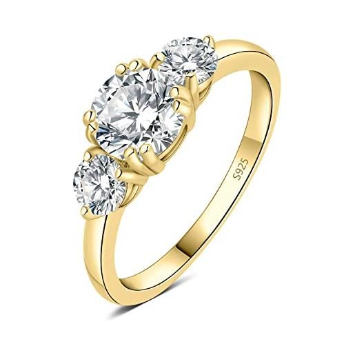 JewelryPalace 1ct classico anello a tre pietre donna argento con creato moissanite, anelli dorati donna 925 con pietra a taglio rotondo, fede nuziale in oro anello matrimonio set gioielli donna 14.5