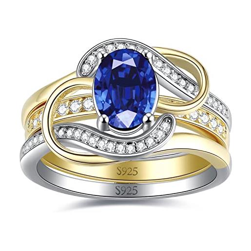JewelryPalace 2ct classico infinito anello solitario donna argento con creato zaffiro blu, anelli impilabili donna argento con pietra ovale, fede nuziale anello fidanzamento dorato set gioielli donna
