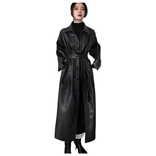 Pohullan autunno lungo nero freddo cuoio dell'unità di elaborazione trench cappotto per le donne cintura singolo petto sci, nero , m