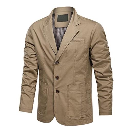 Kelsiop primavera e autunno uomo blazer cotone lavato casual slim luxury business blazer militare bomber jacket, cachi, xxxxl