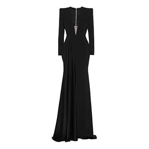 Emmani elegante abito da sera alto spacco profondo scollo a v raso prom dresses, nero , 44