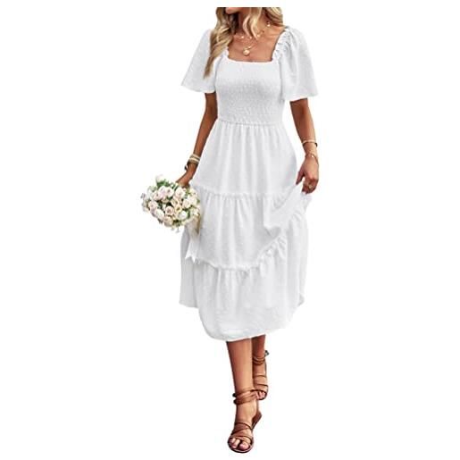 VOGMATE vestiti abito donna estivi lunghi casual manica corta a-line abito lungo collo quadrato spiaggia bianco xl