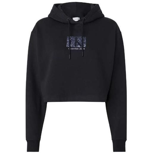 Calvin Klein Jeans printed box cropped hoodie felpa capp nera logo irid donna