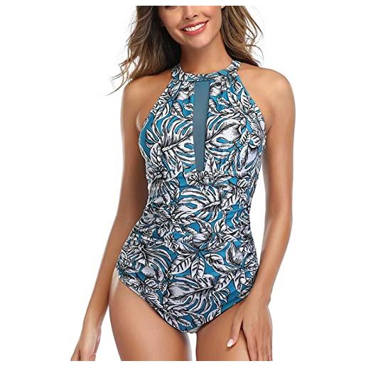 Greensen costume da bagno da donna con scollature decorative, arricciatura, per la spiaggia, scollo alto, costume da bagno intero, tutto blu, m