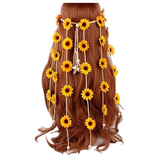 Happyupcity fascia per capelli a forma di girasole, fascia per capelli hippie, con corona floreale, con perline di girasoli, regolazione, per capelli, accessori per feste, cosplay, costume