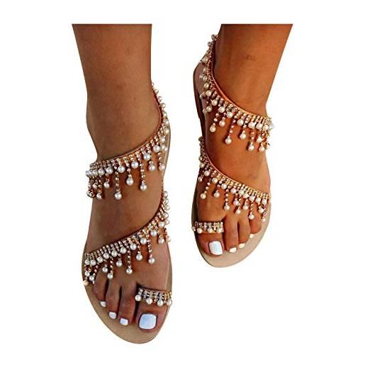 Chejarity sandali piatti donna eleganti gioiello comodi bohemia flip flops spiaggia scarpe estivi sandali aperte bassi estate strass sandalo casual cinturino alla caviglia sandalo sandali da spiaggia