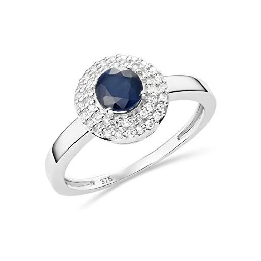 Miore anello di fidanzamento con diamanti e zaffiri in oro bianco 9 carati 375 anello con montatura a raggiera 2 file di diamanti naturali 0,17 ct con pietra centrale zaffiro blu naturale 0,57 carati
