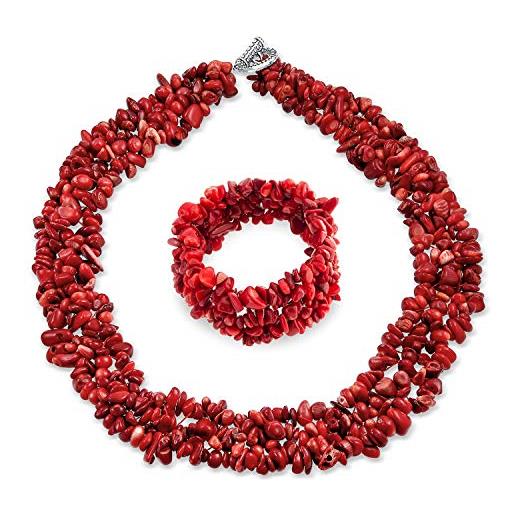 Bling Jewelry ampio cluster di corallo rosso tinto chips bib statement collar necklace stretch bracelet jewelry set per le donne
