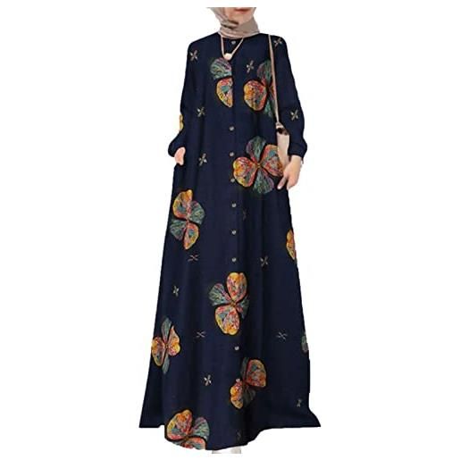 MANYMANY abito lungo da donna in lino caftano arabo musulmano a maniche lunghe moda islamica etnica abaya con tasche