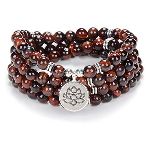 oasymala chanting mala prayer beads 108 bracciale collana per meditazione con piccolo ciondolo fiore di loto (occhio di tigre rosso (red tiger eye))