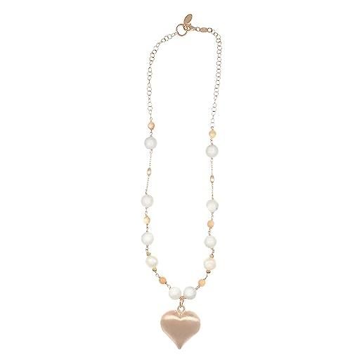 ECLETTIKA, collana in argento 925 - placcata oro rosa con perle e pietre naturali - pietra di luna bianca e rosa - perla bianca di fiume - cuore in argento satinato