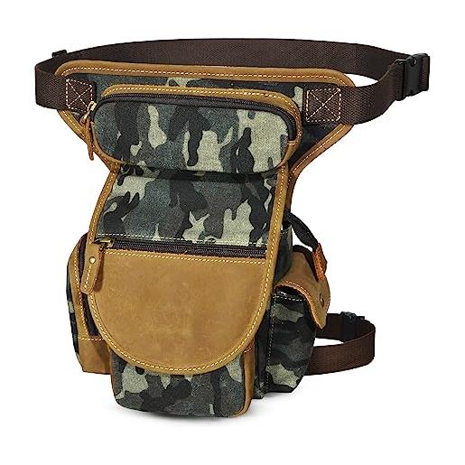 Handadsume tela resistente all'acqua + vera pelle moto equitazione travel coscia borsa per gambe marsupio in vita per gli uomini donne fb211-8 (a- camouflage 2)