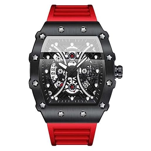 RORIOS uomo tonneau orologio moda sportivo orologi da polso analogico quarzo scheletrato orologi calendario luminosi orologi silicone impermeabile orologi rosso b