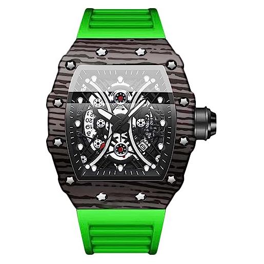 RORIOS uomo tonneau orologio moda sportivo orologi da polso analogico quarzo scheletrato orologi calendario luminosi orologi silicone impermeabile orologi verde