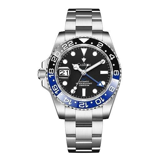 CADISEN orologio automatico da uomo con riserva di carica gmt in acciaio inox vetro zaffiro impermeabile orologio da polso orologi uomo, 8217 blu nero