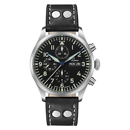Laco cronografo kiel. 2 orologio automatico di alta qualità, diametro 43 mm, impermeabile, made in germany, cinturino in pelle nera, cinghie