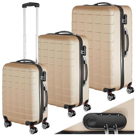 TecTake® set 3 valigie trolley da viaggio, set valigie con scocca rigida, rotelle girevoli a 360°, serratura di sicurezza a combinazione, espandibile - champagne