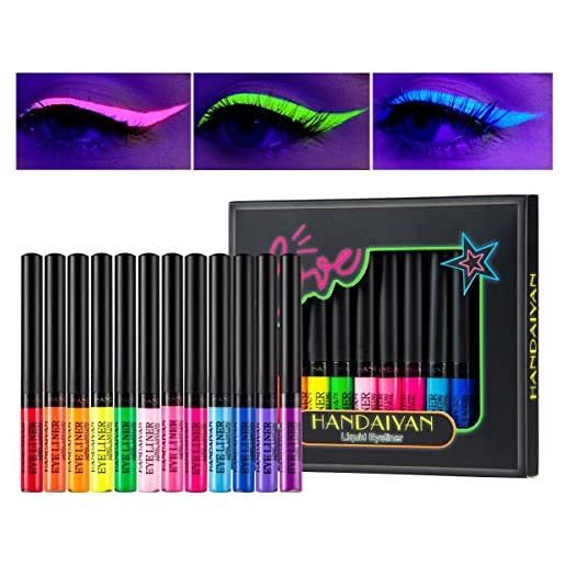 KARLOR set di eyeliner neon uv, 12 colori fluorescenti, luce nera brillante, colorato, impermeabile, resistente alle sbavature, per occhi e sopracciglia, eyeliner