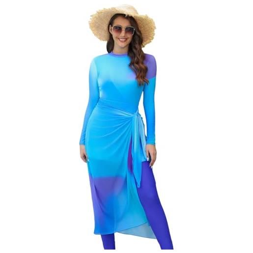 Odizli burkini donna muslim tie dye stampa manica lunga body + costume da bagno+gonna avvolgente sarong costume da bagno moda, cielo blu tie dye 4 pezzi, xl