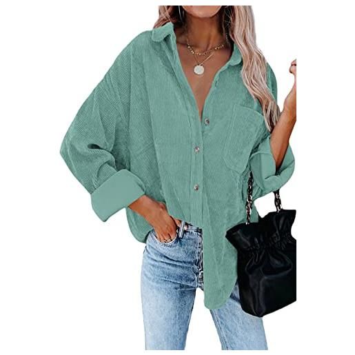 YMING camicetta casual da donna in velluto a coste camicie a maniche lunghe cardigan ampi con tasche verde chiaro m