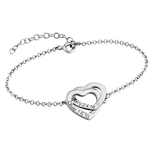 MyNameNecklace myka - bracciale personalizzato con cuori incisi intrecciati in argento e diamante- gioielleria su misura con iscrizioni di nomi- regalo per le donne - regali per la festa della mamma